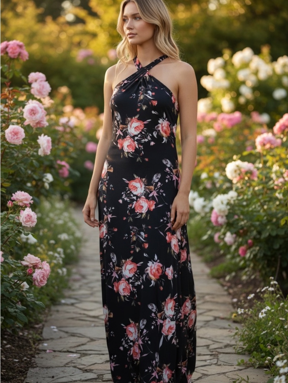 Navy Floral Halter Maxi Dress with Pink Rose Print